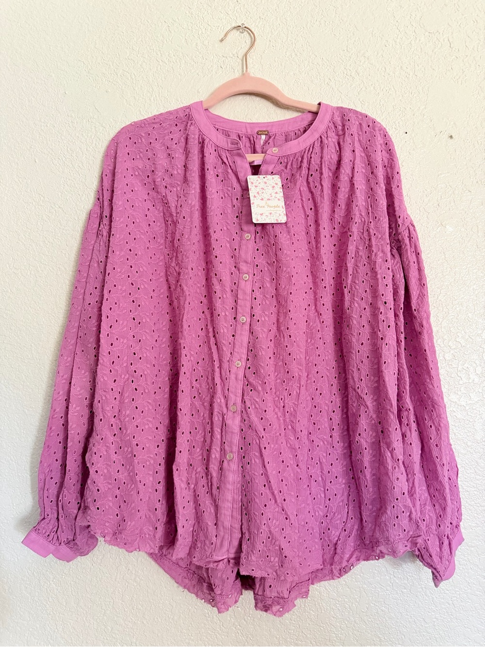 Free People Pink Eyelet Button-Down Blouse Size Medium